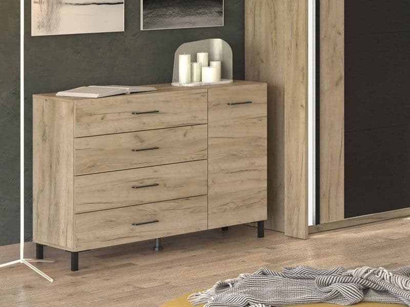 Oak Effect 1-Door 4-Drawer Sideboard Storage Unit