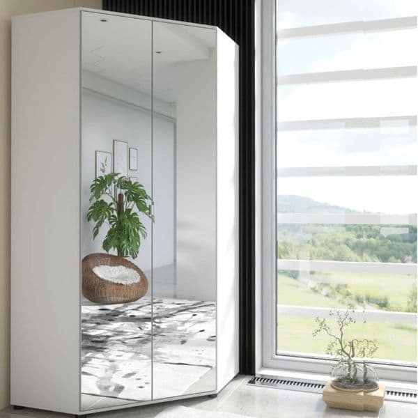 Full Mirrored and White 2-Door Corner Wardrobe
