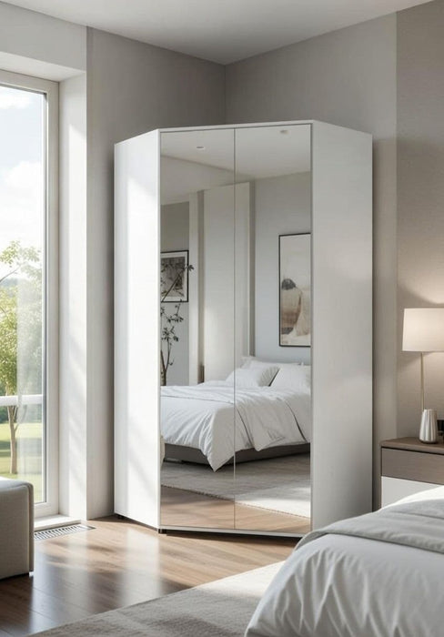 Full Mirrored and White 2-Door Corner Wardrobe