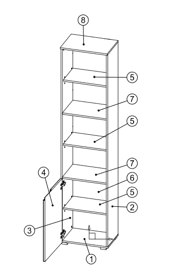 Santino Tall Narrow Bookcase with White Gloss Door S12