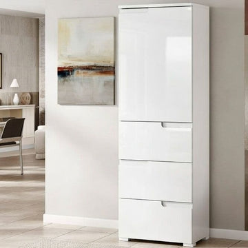 Amos Mann White Gloss Slim Tallboy Storage Unit with Cupboard and Drawers S11
