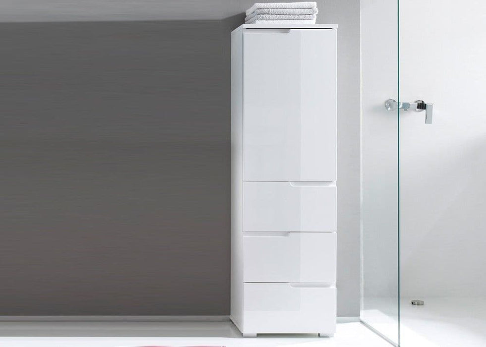White Gloss Slim Tallboy Storage Unit with Cupboard and Drawers S11