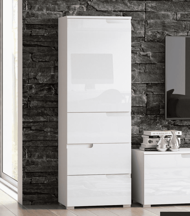 White Gloss Slim Tallboy Storage Unit with Cupboard and Drawers S11