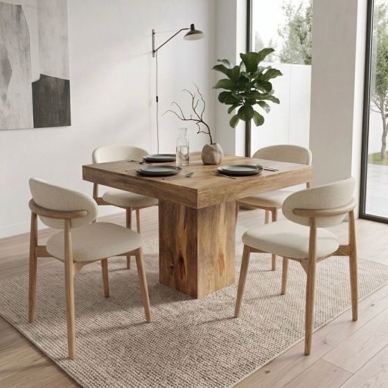 Acre & Artisan Light Mango Wood 120Cm Cube Dining Table 4 Scandi Chairs 3 Colours