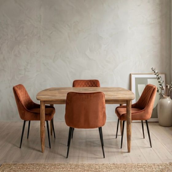 Acre & Artisan Scandi Mango 130Cm Dining Table 4 Henley Velvet Dining Chairs