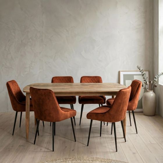 Acre & Artisan Scandi Mango 190Cm Dining Table 6 6 Henley Velvet Dining Chairs