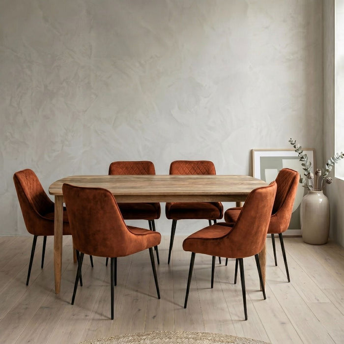 Scandi Mango 190cm Dining Table & 6 Henley Velvet Dining Chairs 6 Colours - In Stock