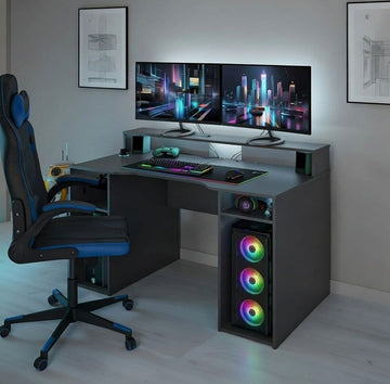 Amos Mann Dark Grey Gaming Desk With Hutch