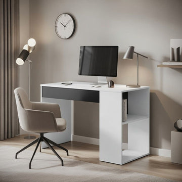 Amos Mann Grey and White Desk with Drawer and Shelves