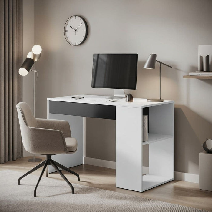 Grey and White Desk with Drawer and Shelves