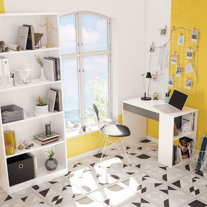 Grey and White Desk with Drawer and Shelves