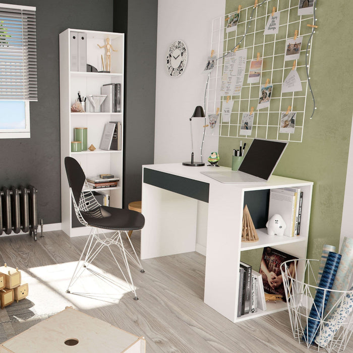 Grey and White Desk with Drawer and Shelves
