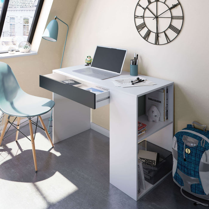 Grey and White Desk with Drawer and Shelves