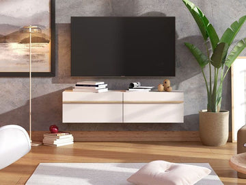Amos Mann Cashmere And Oak Effect Wall Mounted Floating Wide Large TV Unit