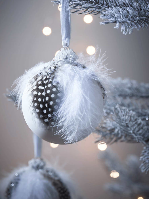 Six Feathered Glass Baubles - Cream