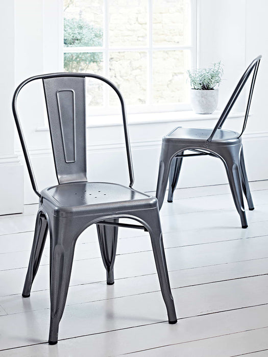 Two Grey Hammered Metal Chairs