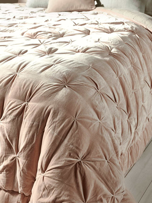 Pin-Tucked Velvet & Linen Single Quilt - Blush