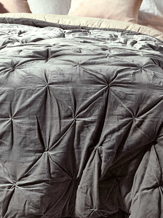 Pin-Tucked Velvet & Linen Single Quilt - Dove Grey