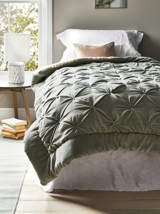 Pin-Tucked Velvet & Linen Single Quilt - Sage