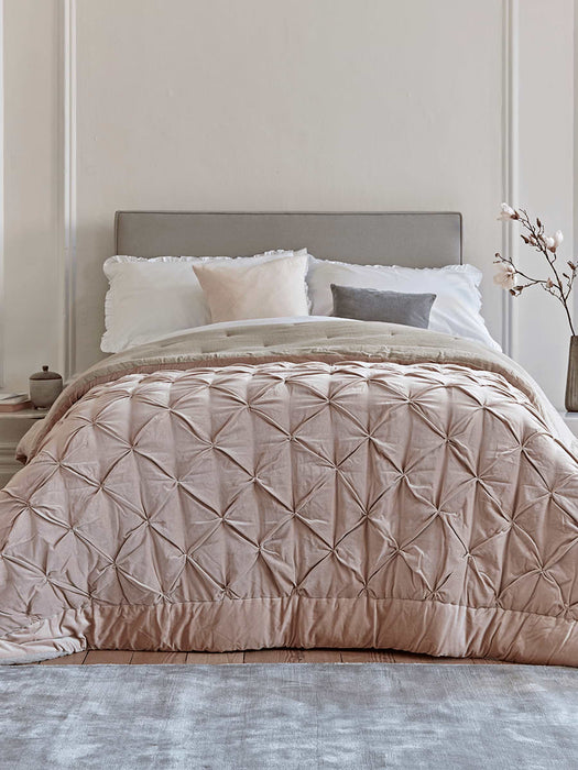 Pin-Tucked Velvet & Linen Kingsize Quilt - Blush