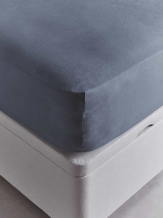 Washed Linen Double Fitted Sheet - Soft Indigo