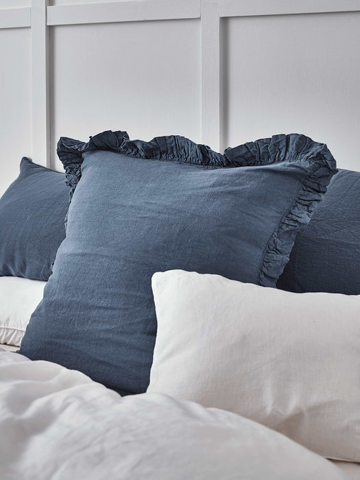Washed Linen Ruffle Large Square Cushion - Soft Indigo