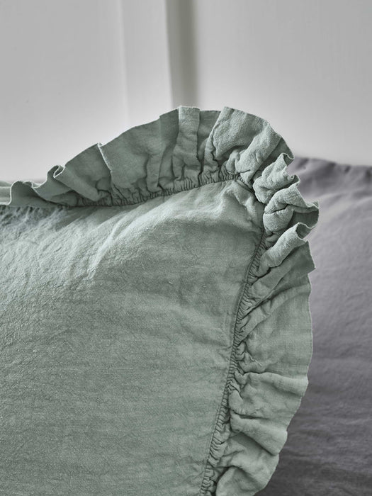 Washed Linen Ruffle Large Square Cushion - Dusky Sage