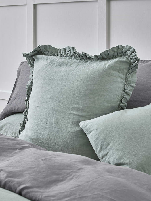Washed Linen Ruffle Large Square Cushion - Dusky Sage