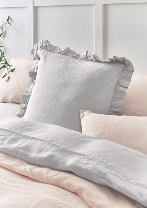Washed Linen Ruffle Large Square Cushion - Soft Grey