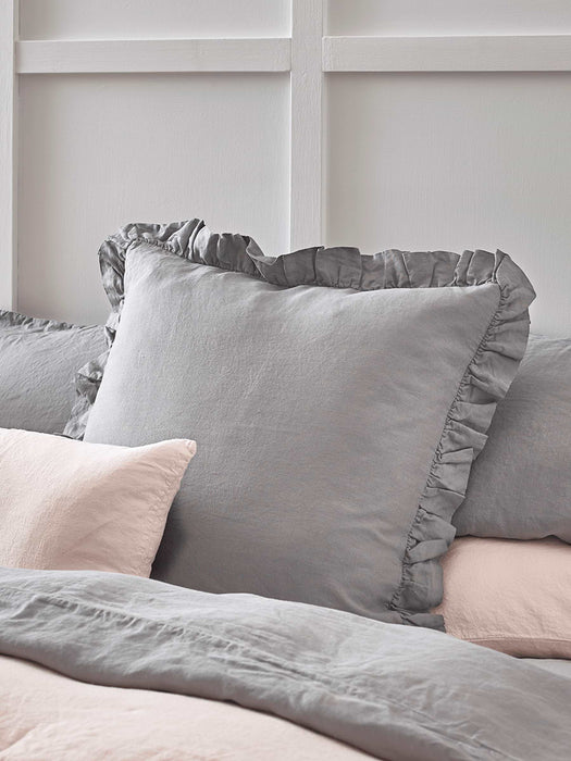 Washed Linen Ruffle Large Square Cushion - Smoke Grey