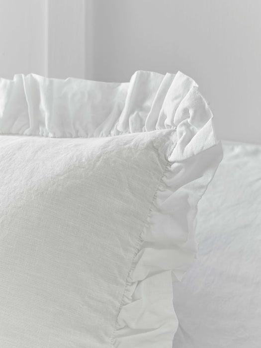 Washed Linen Ruffle Large Square Cushion - White