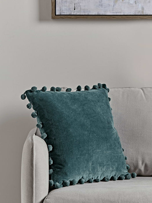 Velvet Pom Pom Cushion - Petrol Blue