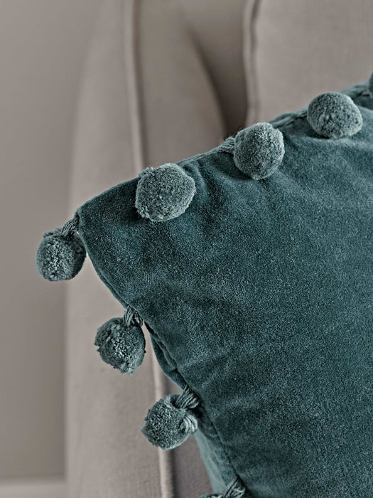 Velvet Pom Pom Cushion - Petrol Blue