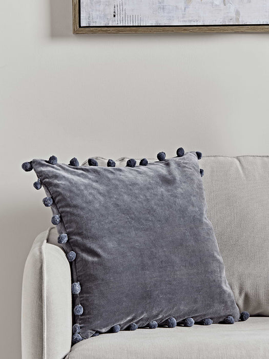 Velvet Pom Pom Cushion - Dark Grey