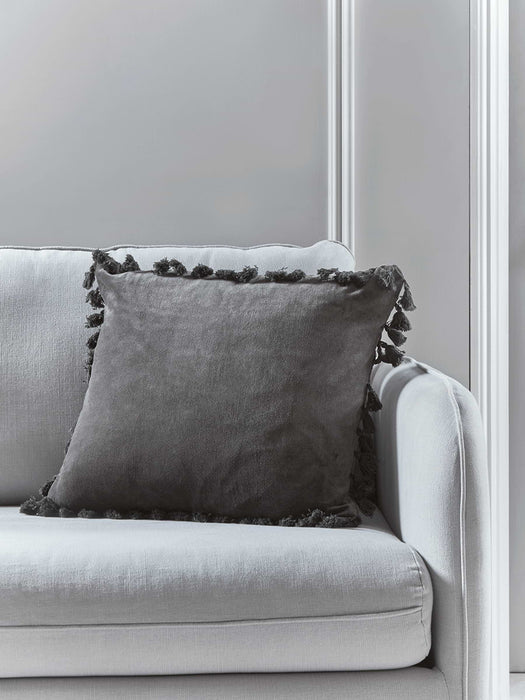 Velvet Tassel Cushion - Charcoal