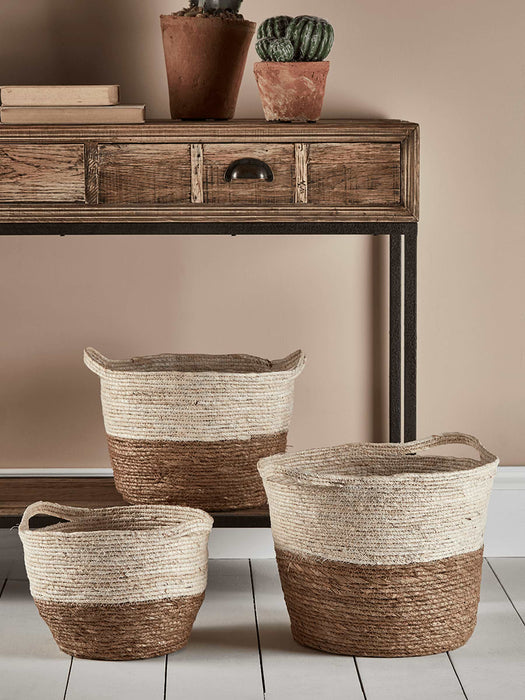 Three White & Natural Straw Baskets
