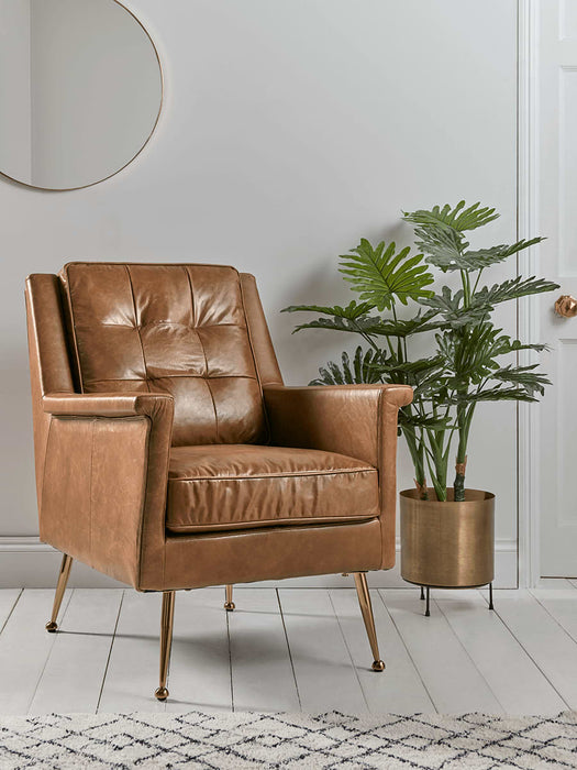 Buttoned Leather Armchair - Tan