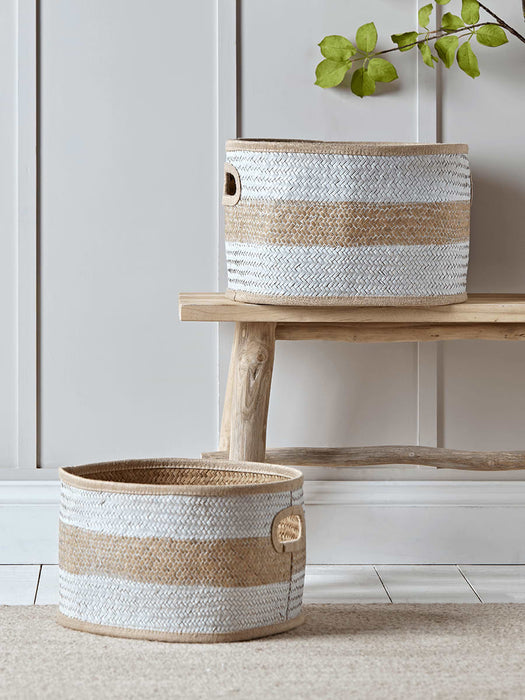 Two White Striped Seagrass Baskets