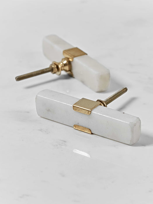 Marble and Brass Rectangle Knob - White