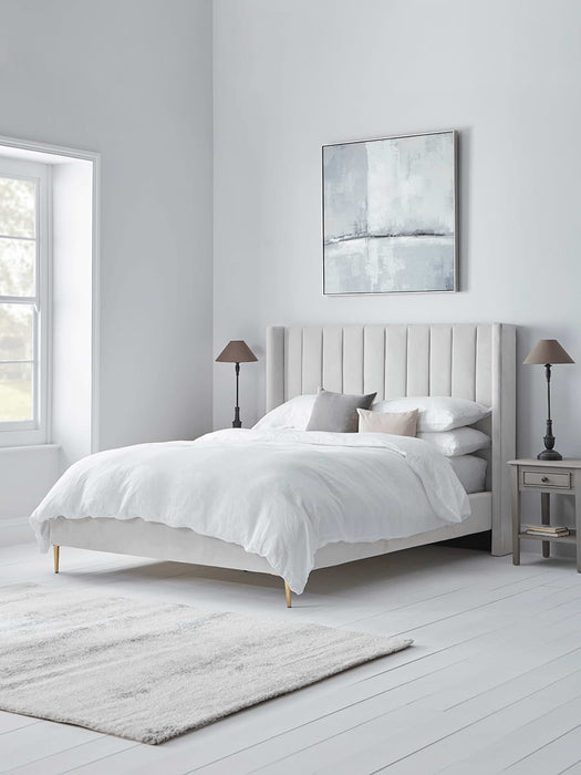 Fluted Velvet Kingsize Bed - Soft Grey