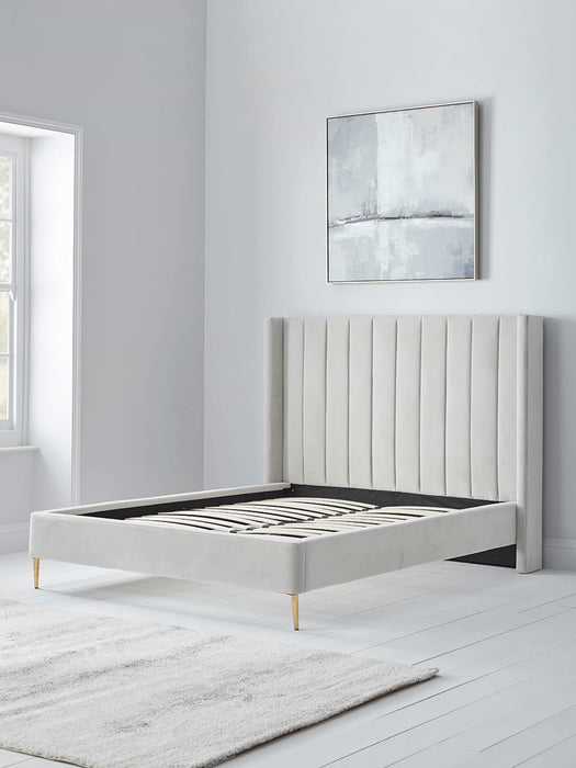 Fluted Velvet Kingsize Bed - Soft Grey