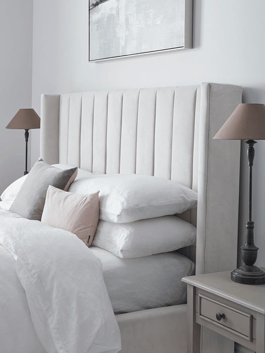 Fluted Velvet Kingsize Bed - Soft Grey