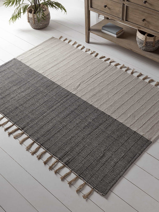 Striped Tasseled Woven Cotton Rug - Black