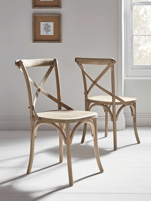 Two Weathered Oak Cross Back Dining Chairs