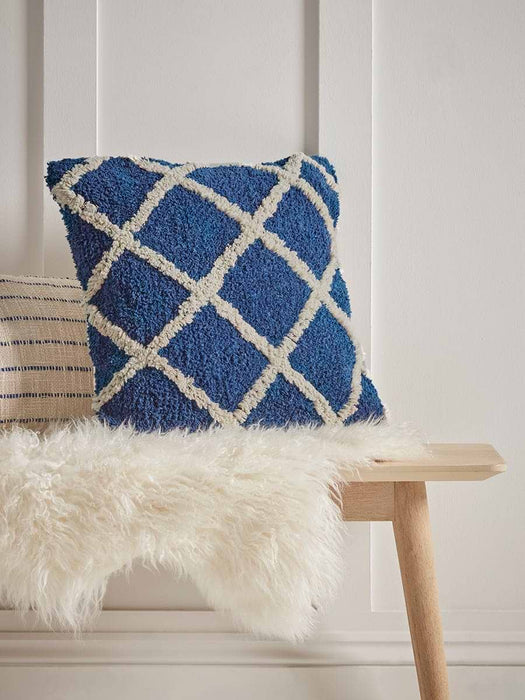 Blue and White Textured Diamond Cushion