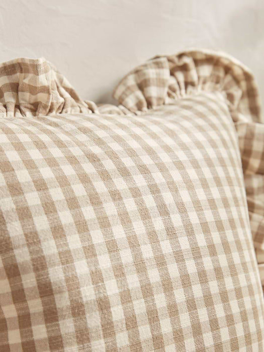 Gingham Ruffle Cushion - Natural