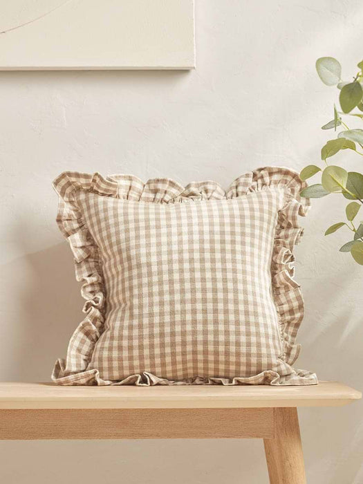Gingham Ruffle Cushion - Natural