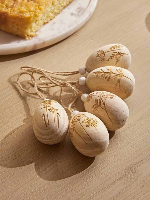 Five Etched Wooden Hanging Eggs