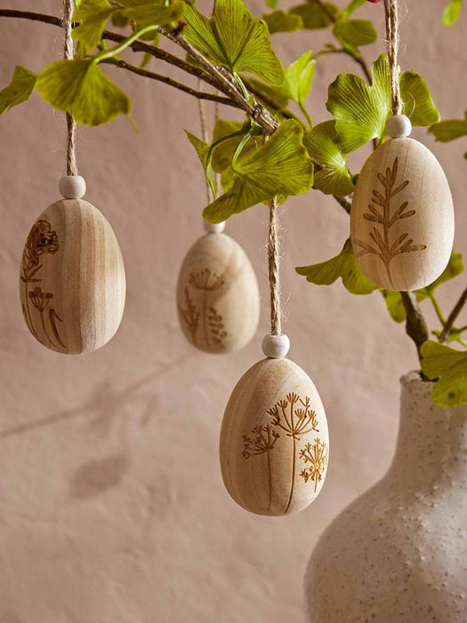 Five Etched Wooden Hanging Eggs