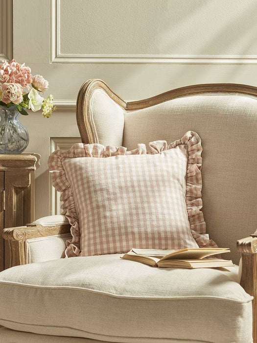 Gingham Ruffle Square Cushion - Blush